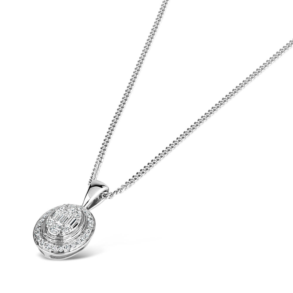 9ct White Gold 0.20ct Diamond Oval & Baguette Pendant