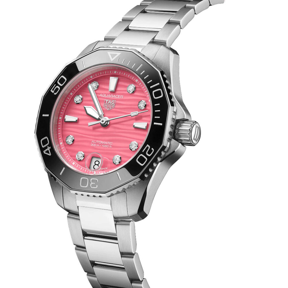 TAG  Heuer Aquaracer Professional 300 Date 36mm Pink Dial Diamond Dots Rubber Strap Watch image number 4