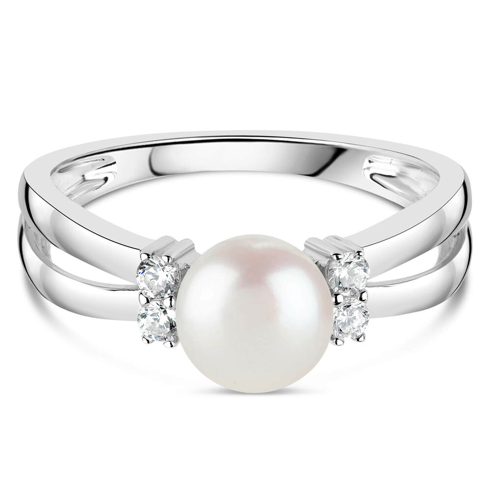 Sterling Silver Pearl and Cubic Zirconia Split Shoulder Ring image number 11