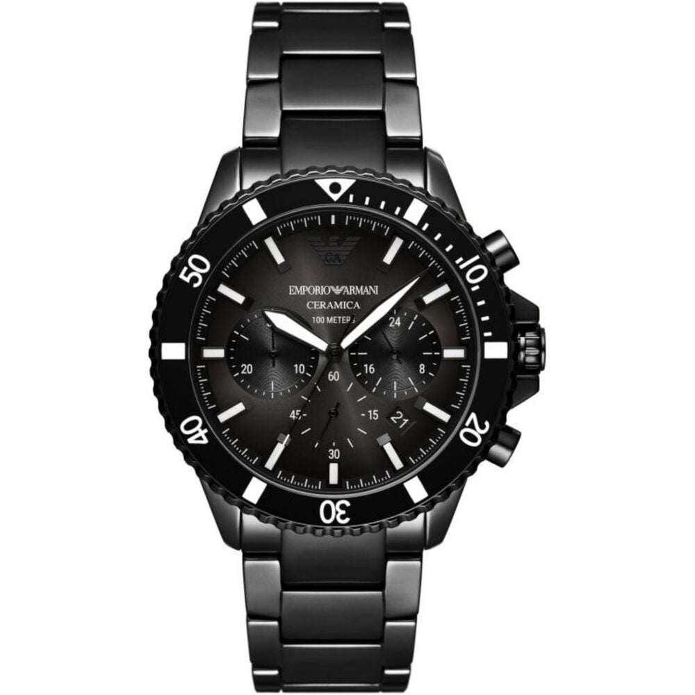 Emporio Armani Diver 43.5mm Black Chrono Dial Black IP Case Strap Watch