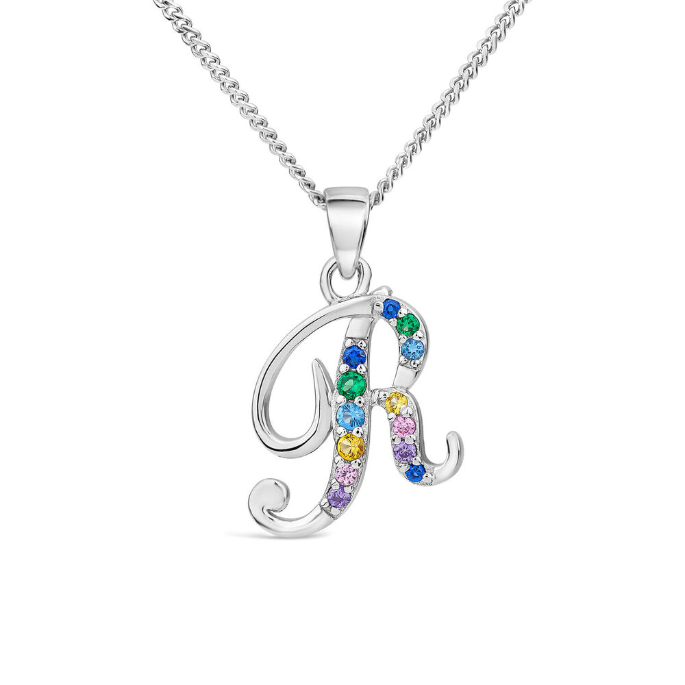 Sterling Silver Coloured Stone Set Initial "R" Pendant - Chain Included