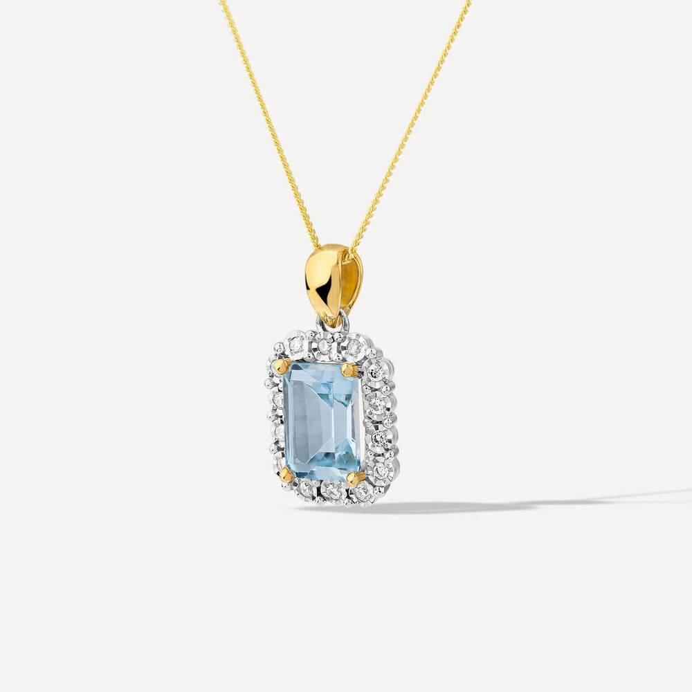 9ct Yellow Gold Rectangular Blue Topaz 0.06ct Diamond Halo Pendant