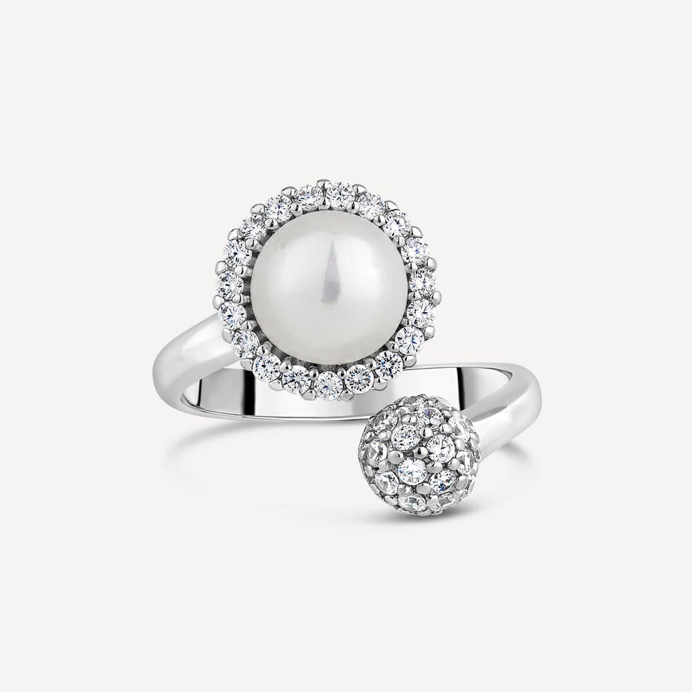 Sterling Silver Pearl With Cubic Zirconia Surround and Cubic Zirconia Ball Ring