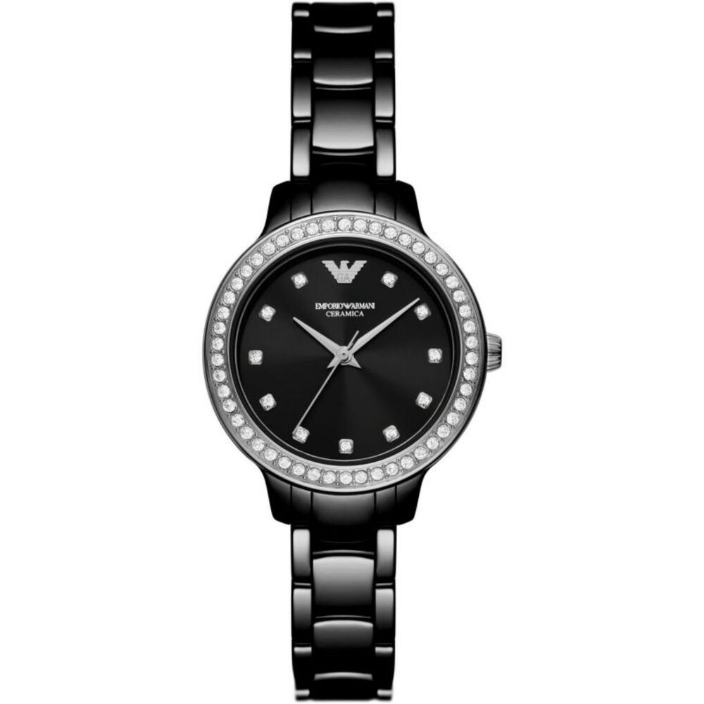 Emporio Armani Cleo 32mm Black Dial Cubic Zirconia Set Black Ceramic Case Watch