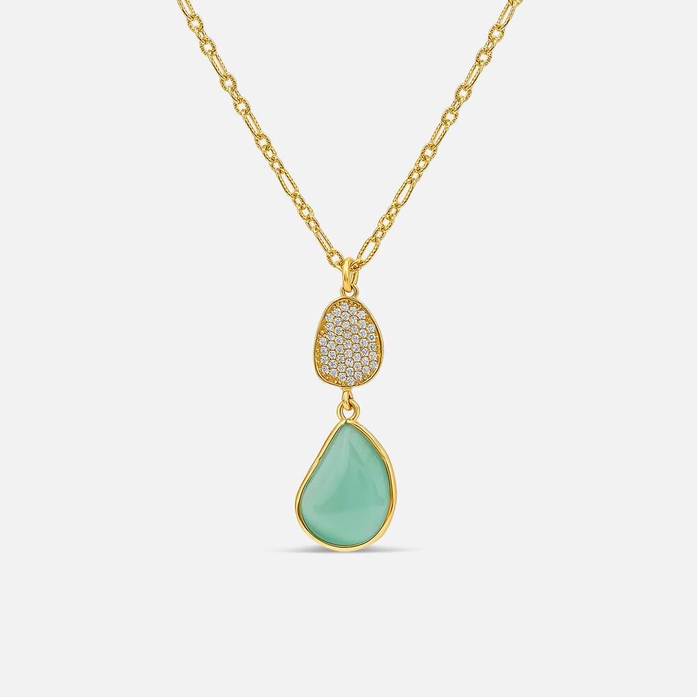 Yellow Gold Plated Sterling Silver Pave Cubic Zirconia & Green Teardrop Pendant