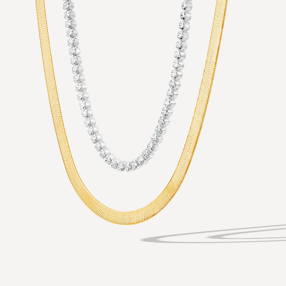 Sterling Silver & Yellow Gold Plated Double Herringbone Cubic Zirconia Tennis Necklet