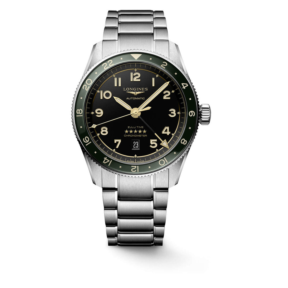 Longines Avigation Spirit Zulu 42mm Automatic Black Dial Green Bezel Steel Case Bracelet Watch