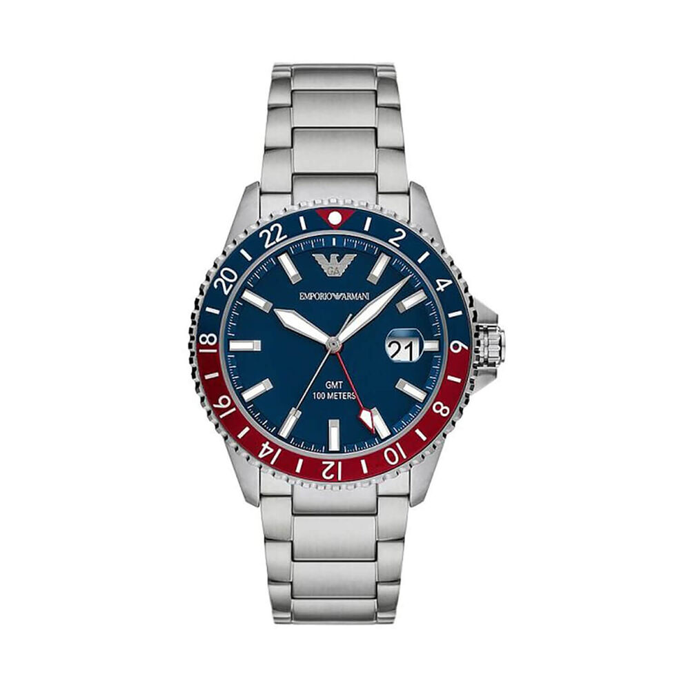 Emporio Armani Diver 42mm Blue Dial Red & Blue Bezel Steel Bracelet Watch image number 0