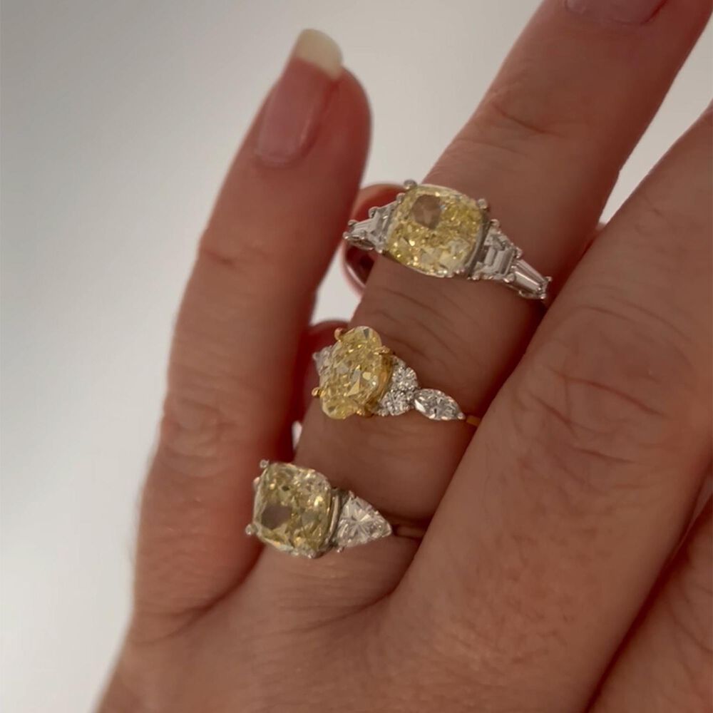 Born Platinum & 18ct YG 2.6ct Yellow Cushion Centre Tapered Shaped Lab Grown Diamond Sides Ring image number 5