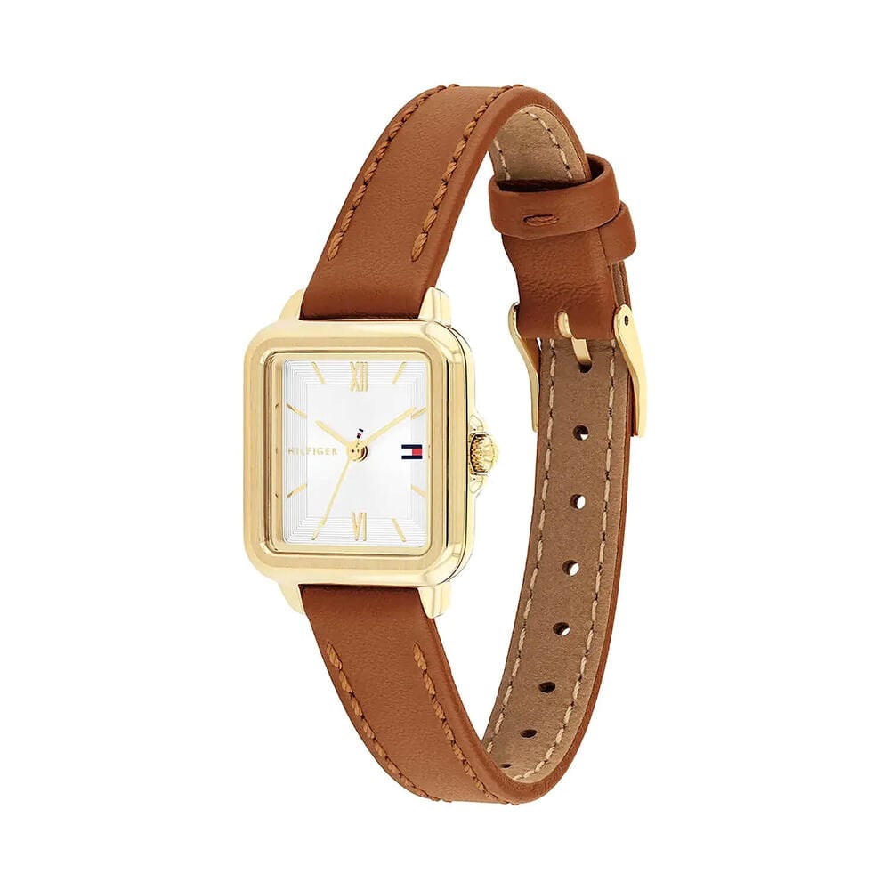 Tommy Hilfiger Mia 24 x 22.5mm Silver Dial Yellow Gold Plated Case Leather Strap Watch