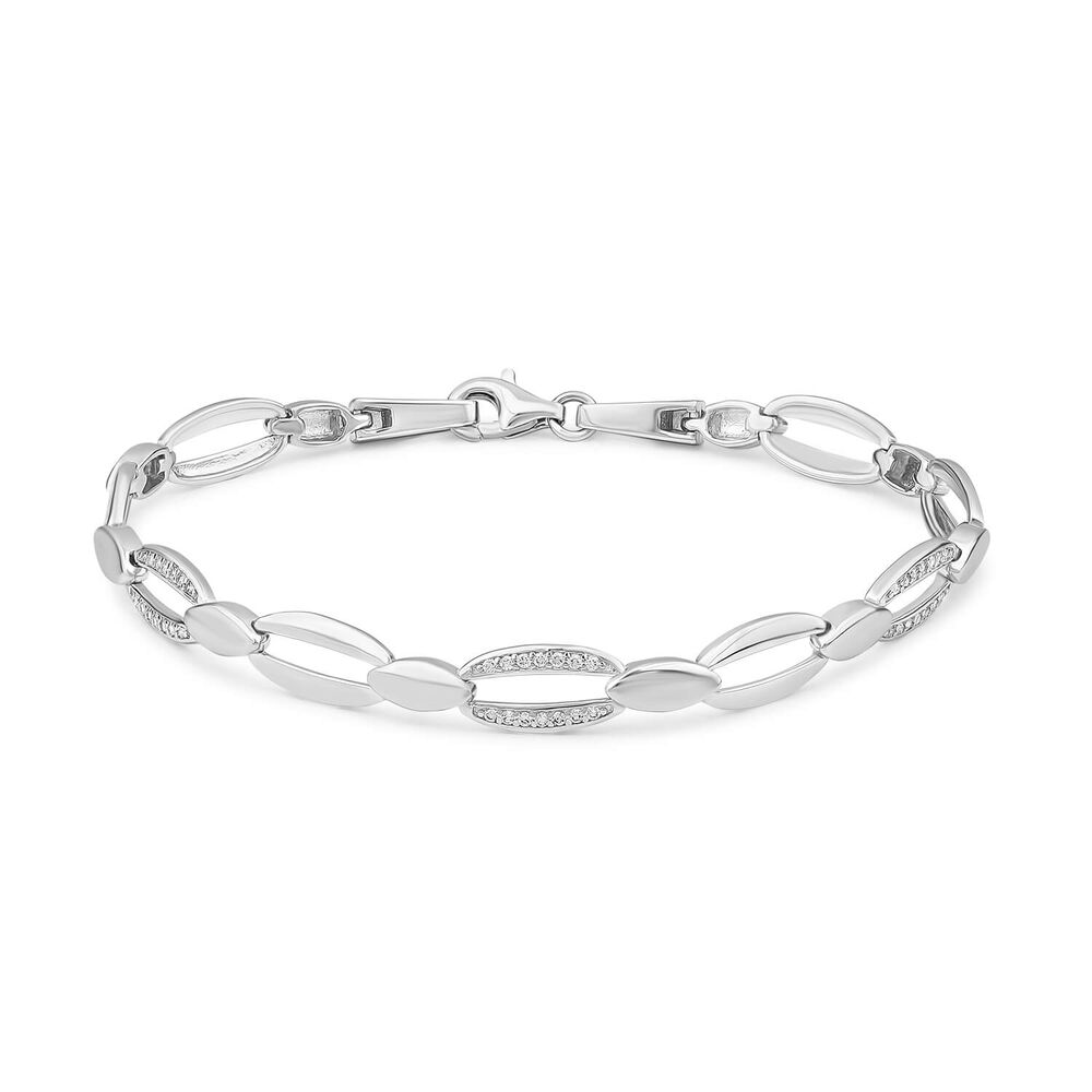 Sterling Silver Cubic Zirconia & Polished Open Oval Link Bracelet