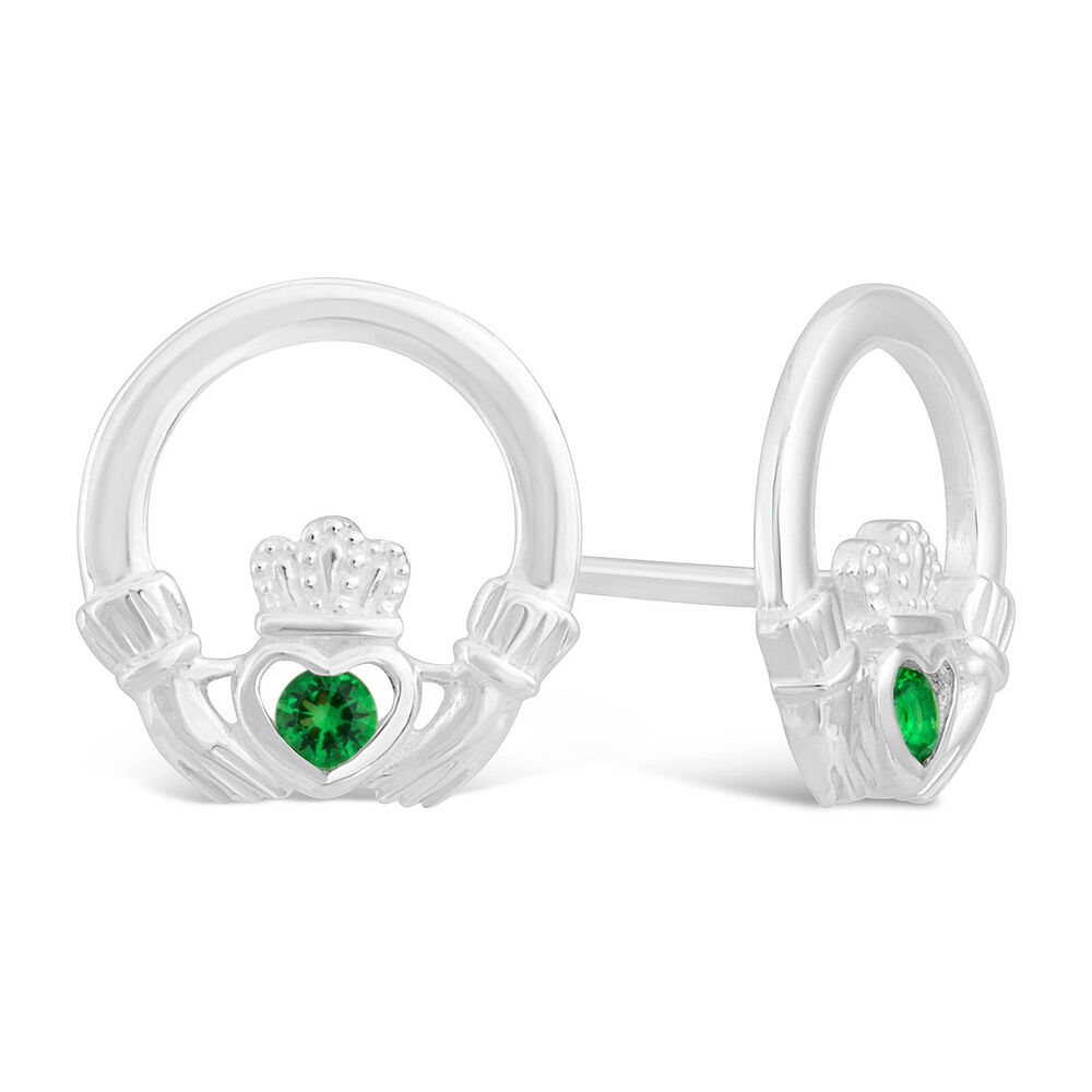 Celtic Claddagh Sterling Silver & Green Cubic Zirconia Earrings image number 1