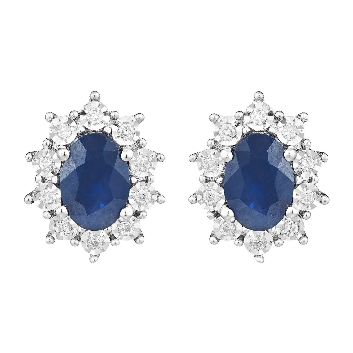 9ct White Gold Oval Sapphire And Diamond Cluster Earrings