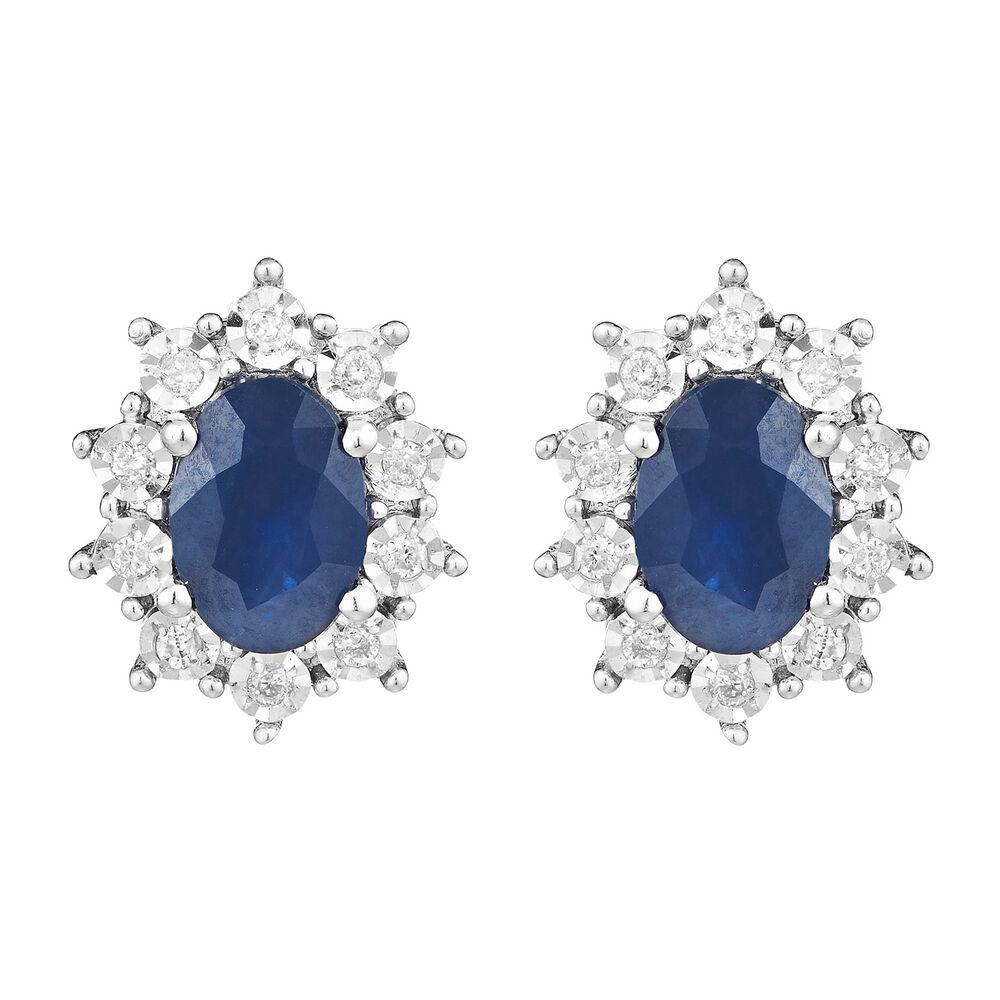 9ct White Gold Oval Sapphire & Diamond Cluster Earrings