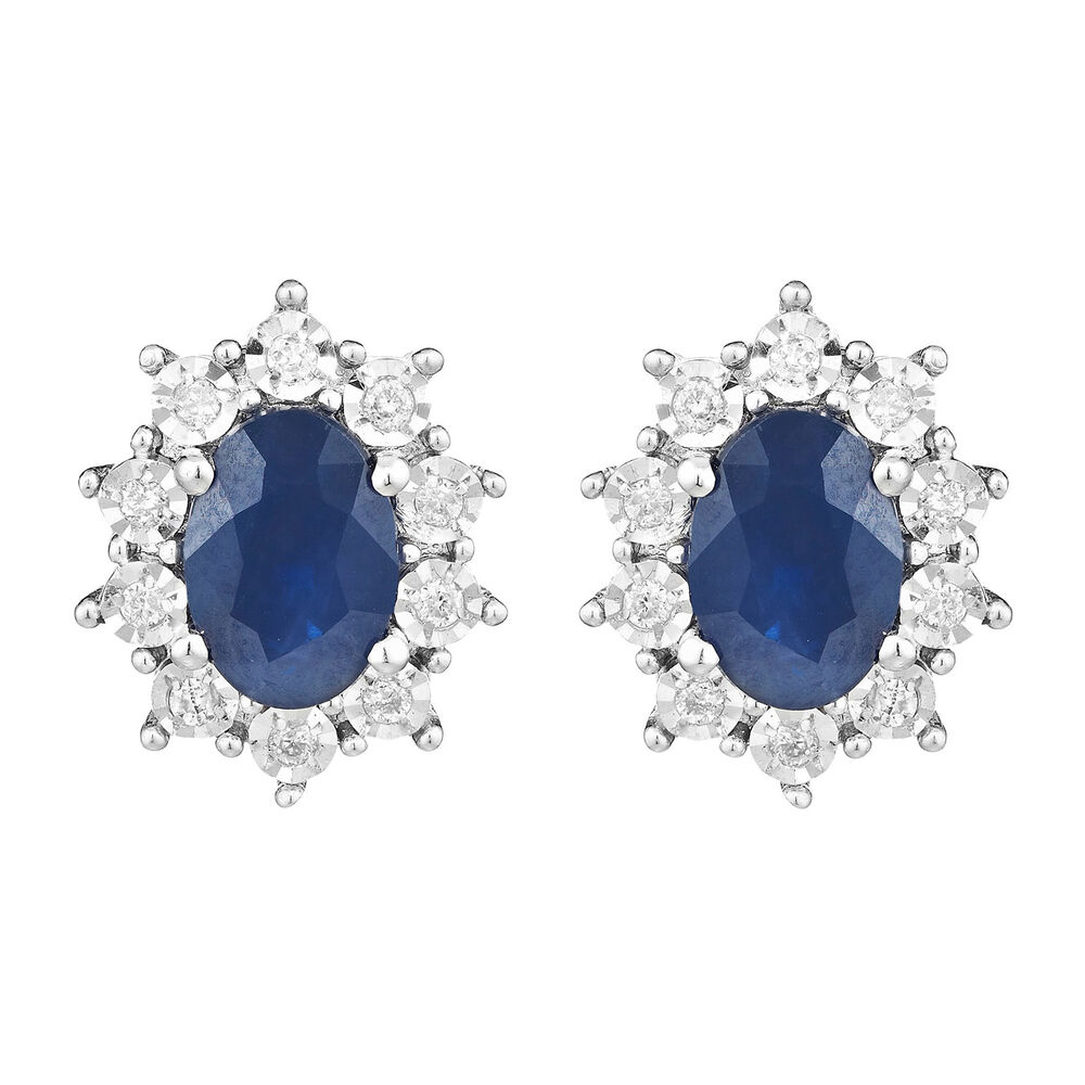 9ct White Gold Oval Sapphire & Diamond Cluster Earrings
