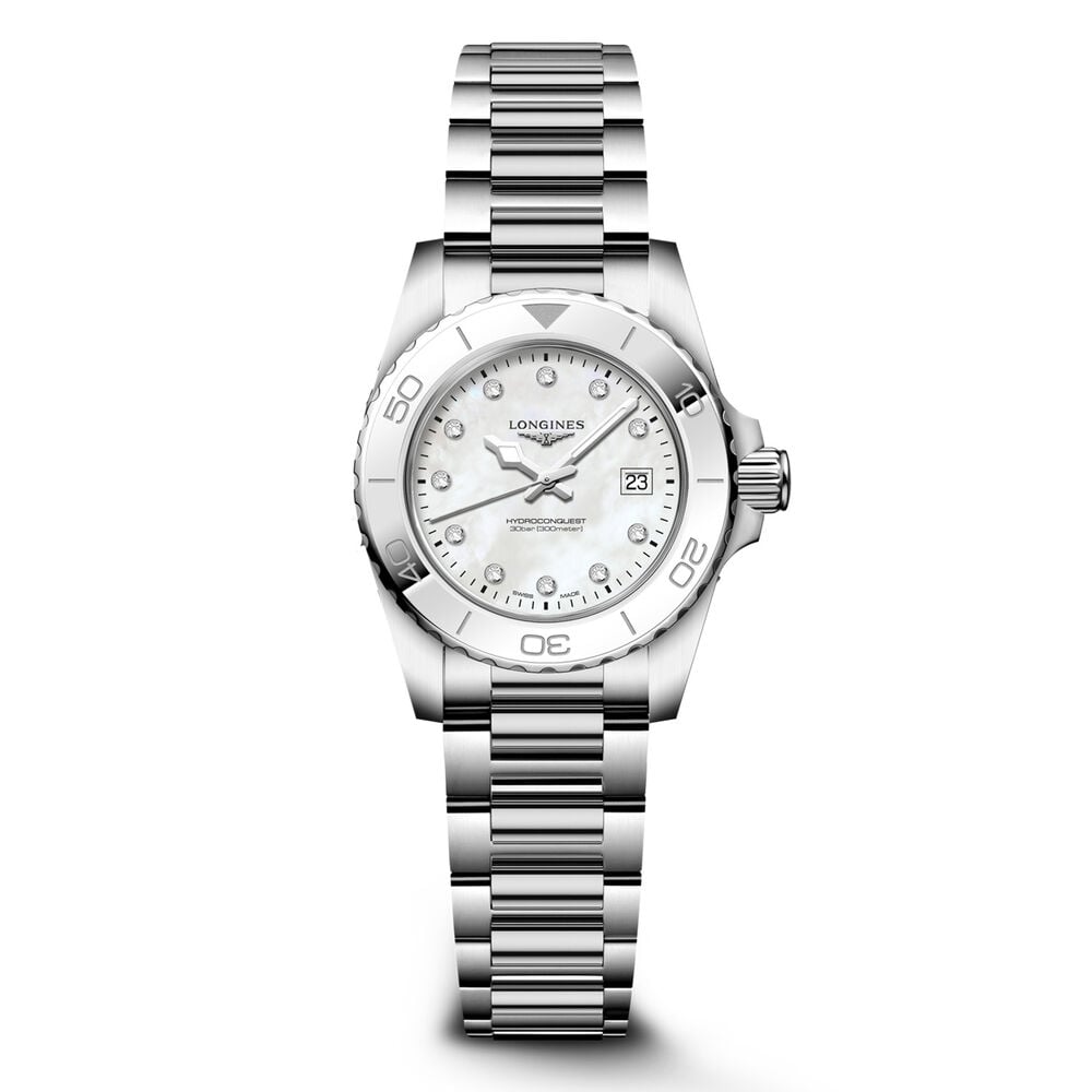 Longines HydroConquest 30mm Mother of Pearl Dial Diamond Dots Steel Bracelet Watch