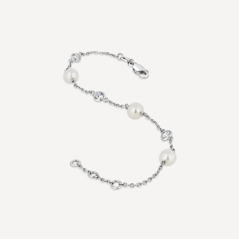 Sterling Silver Pearl and Round Over Cubic Zirconia Chain Bracelet image number 3