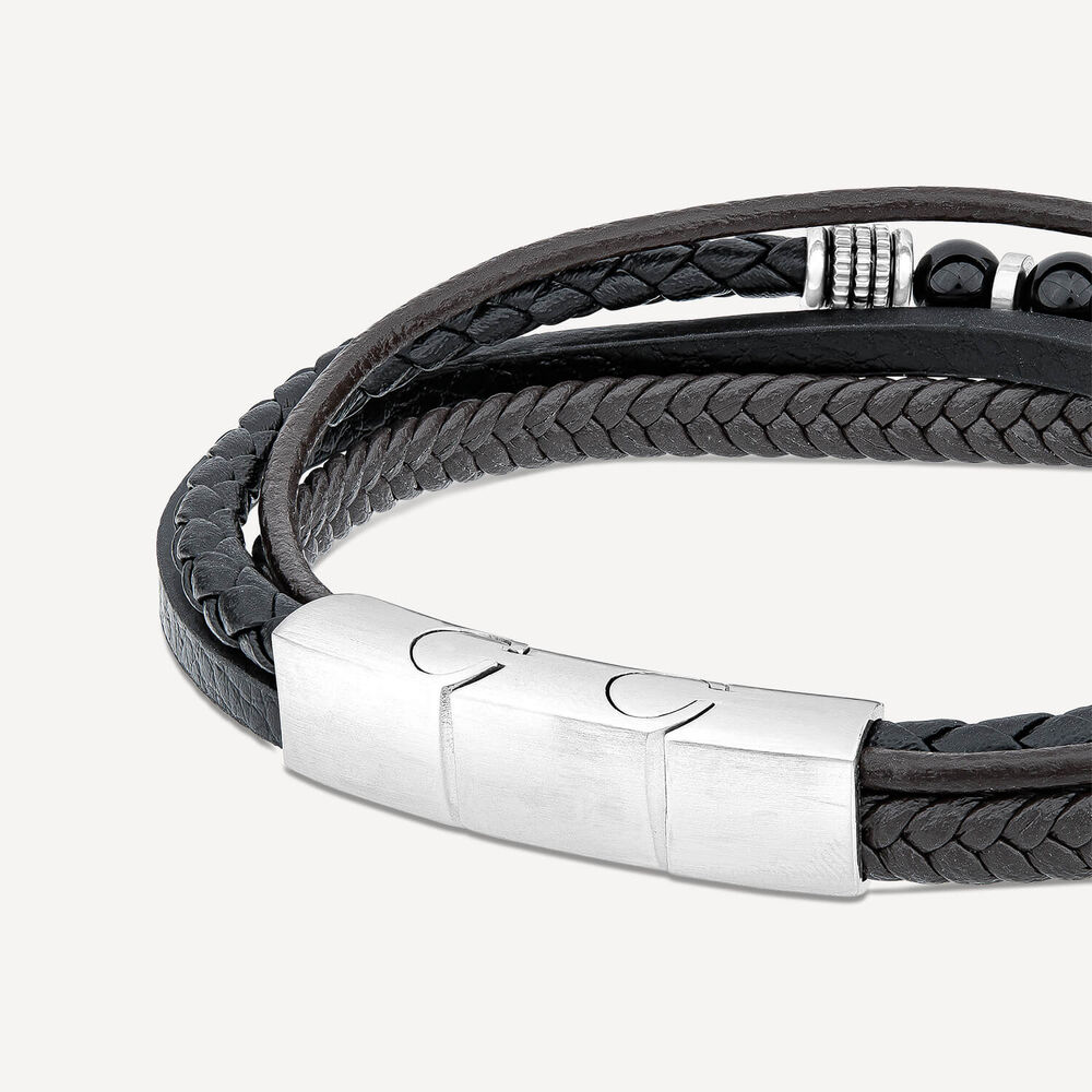 Gents Steel Onyx & Leather Multi Strap Bracelet image number 2