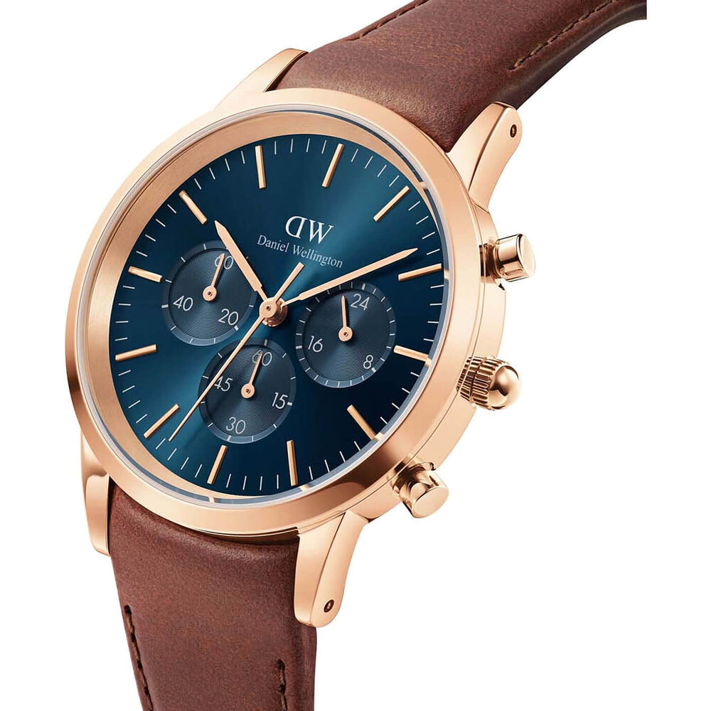 Daniel Wellington Iconic Chronograph 42mm Arctic Blue Dial Brown Strap Watch
