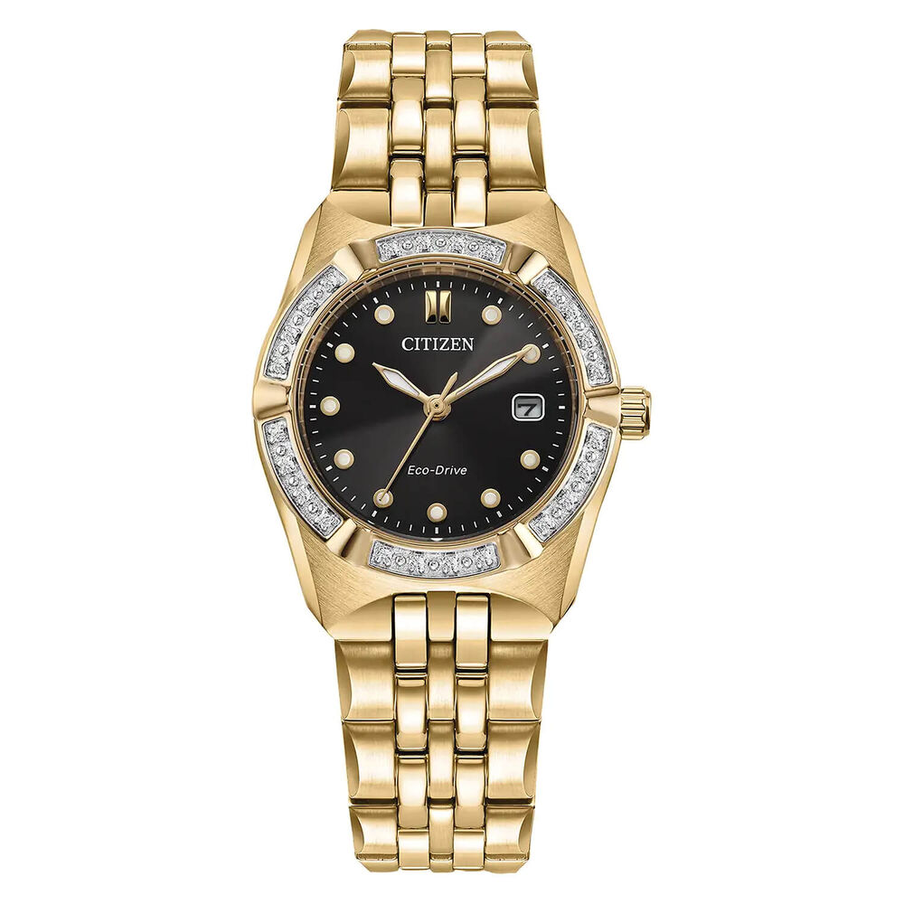 Citizen Eco-Drive Corso 28mm Black Dial Diamond Bezel Gold-Toned Steel Bracelet image number 0