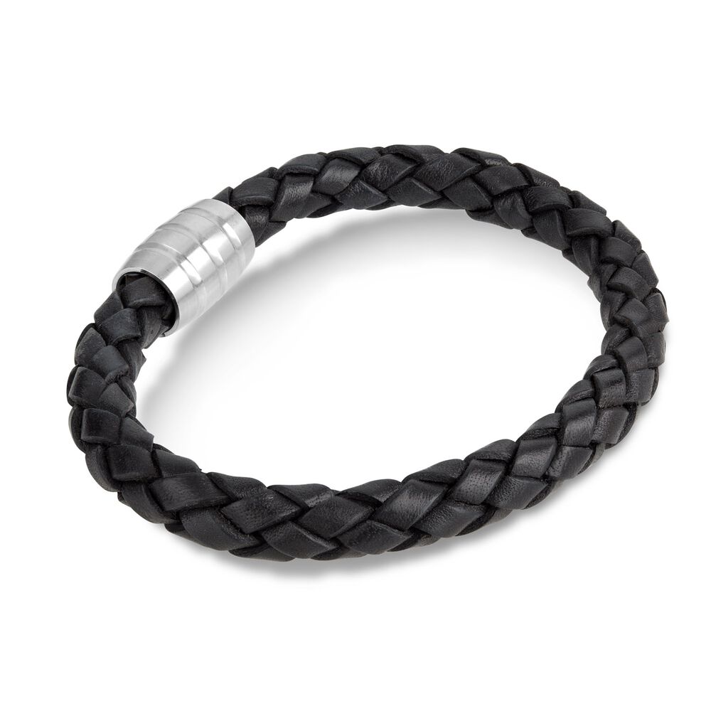 Steel & Black Plaited Leather Men's Bracelet image number 1