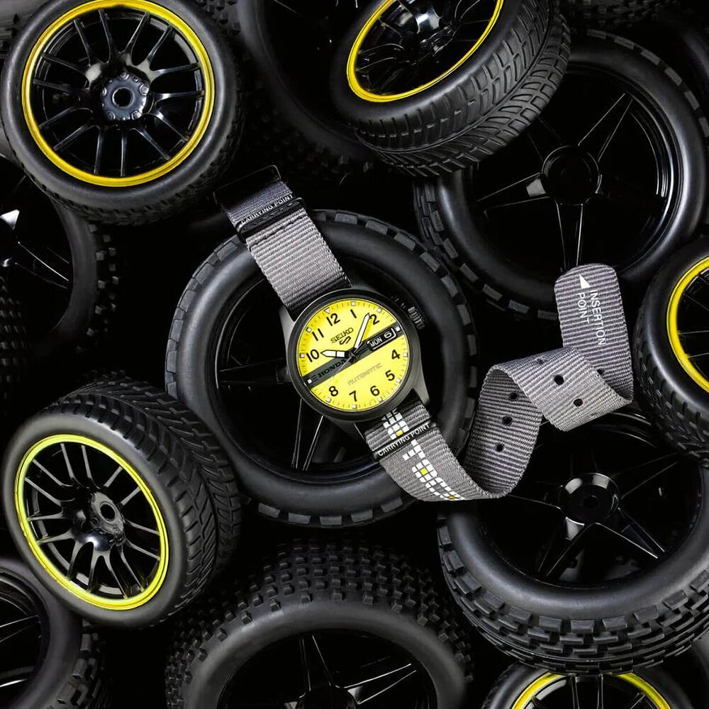 Seiko 5 Sports x Honda Motocompo Limited Edition 36.4mm Yellow Dial Black Nylon Strap Watch