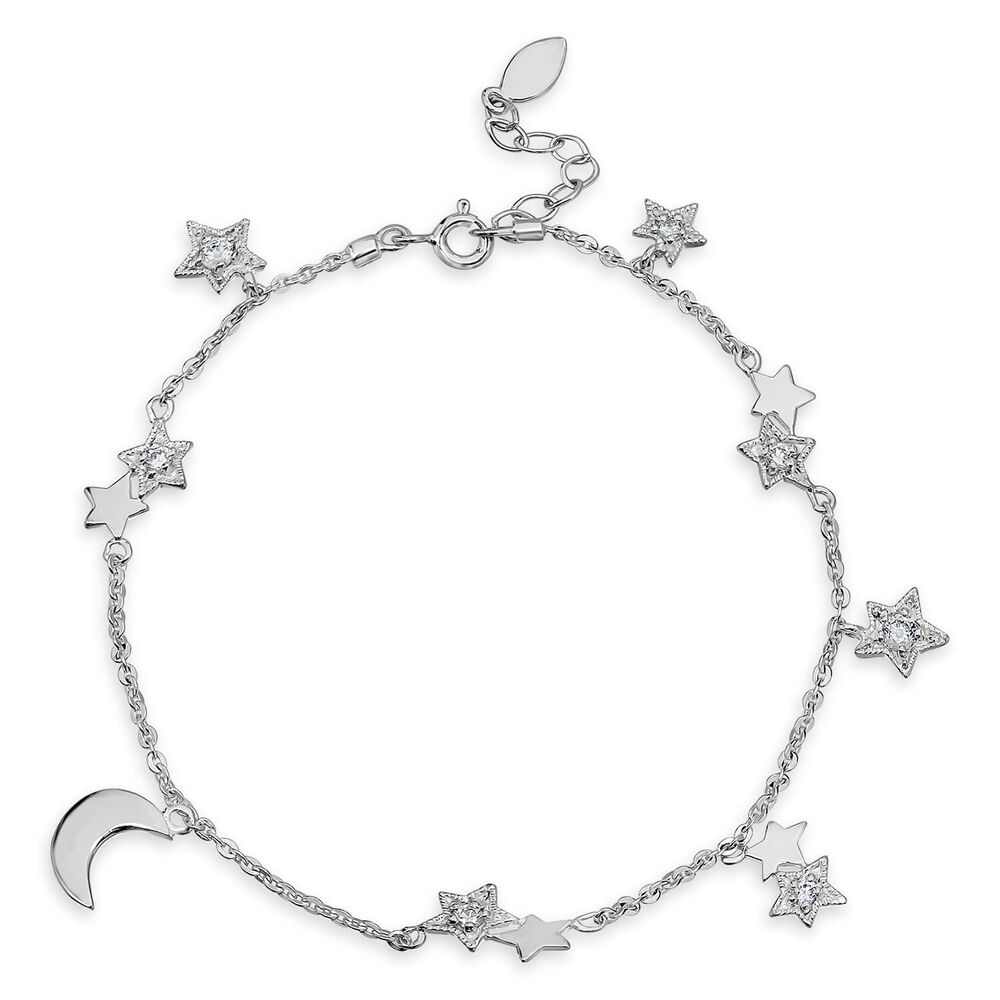 Sterling Silver Cubic Zirconia Stars & Moons Charm Bracelet