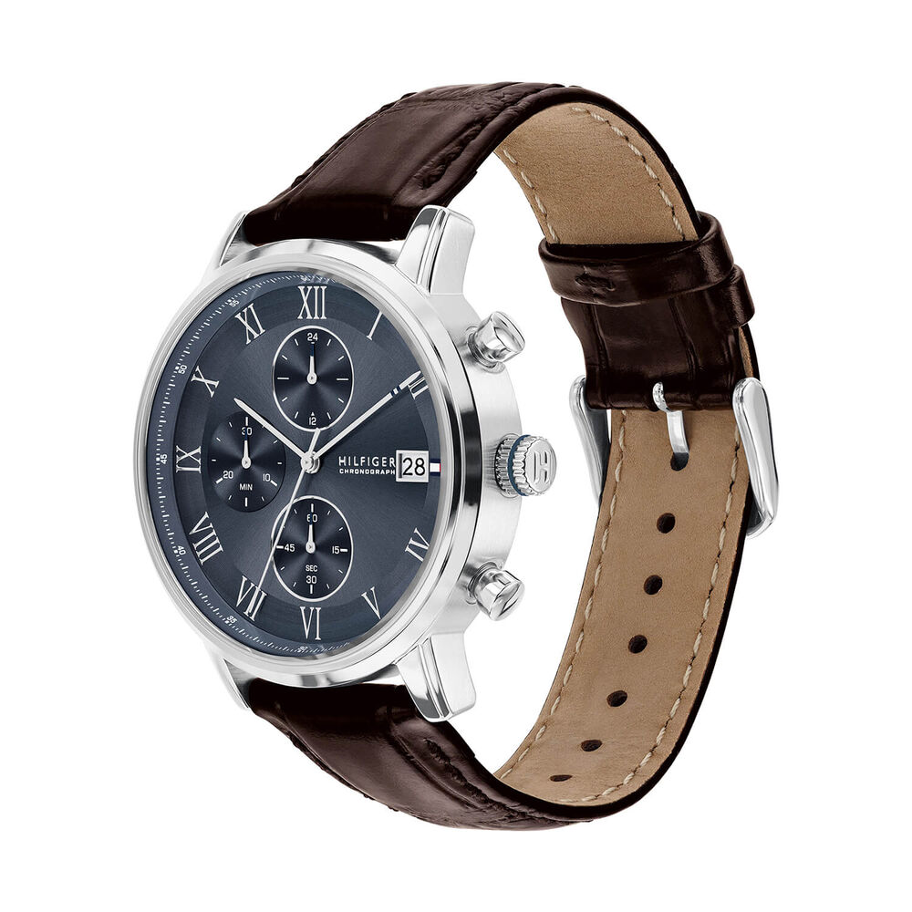 Tommy Hilfiger 42mm Navy Blue Dial Dark Brown Leather Strap Watch