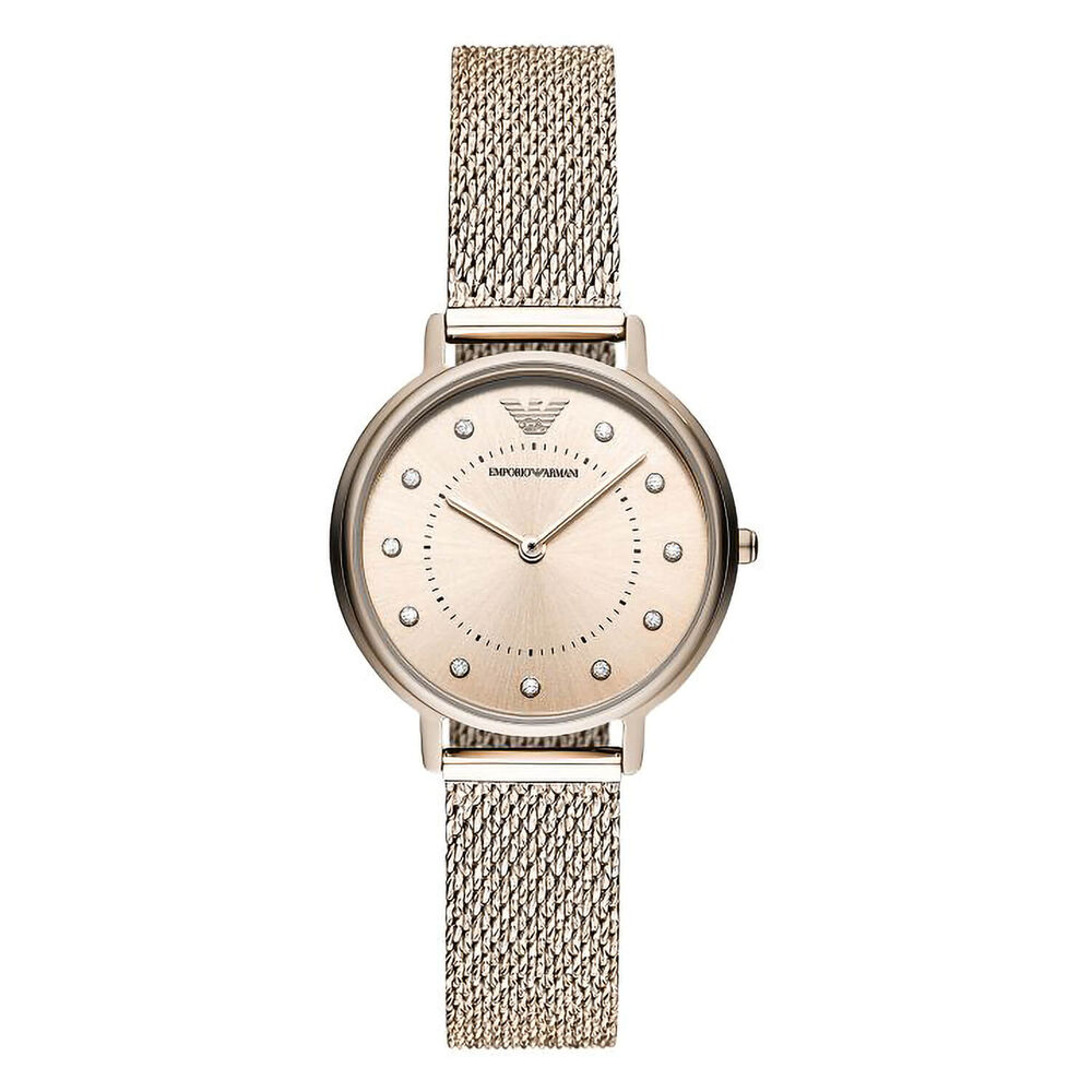 Emporio Armani Kappa Rose Crystal Dial Rose Gold Plated Mesh Bracelet Watch