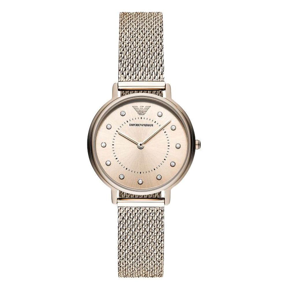Emporio Armani Kappa Rose Crystal Dial Rose Gold Plated Mesh Bracelet Watch