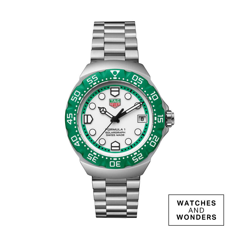 TAG Heuer Formula 1 Solargraph 38mm White Dial Green Bezel Steel Bracelet Watch image number 0