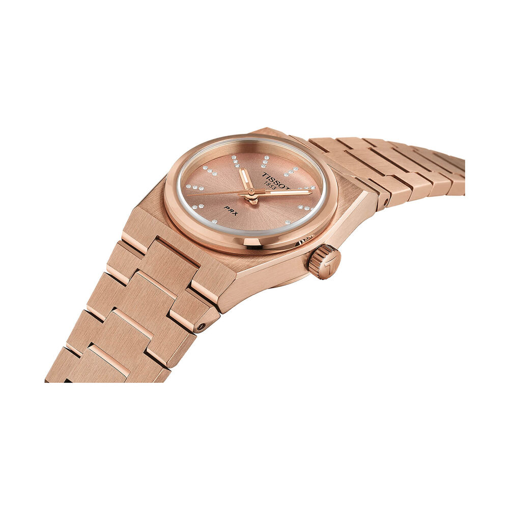 Tissot PRX Quartz 25mm Rose Gold Dial Diamond Dots Gold PVD Stainless Steel Bracelet Watch image number 1
