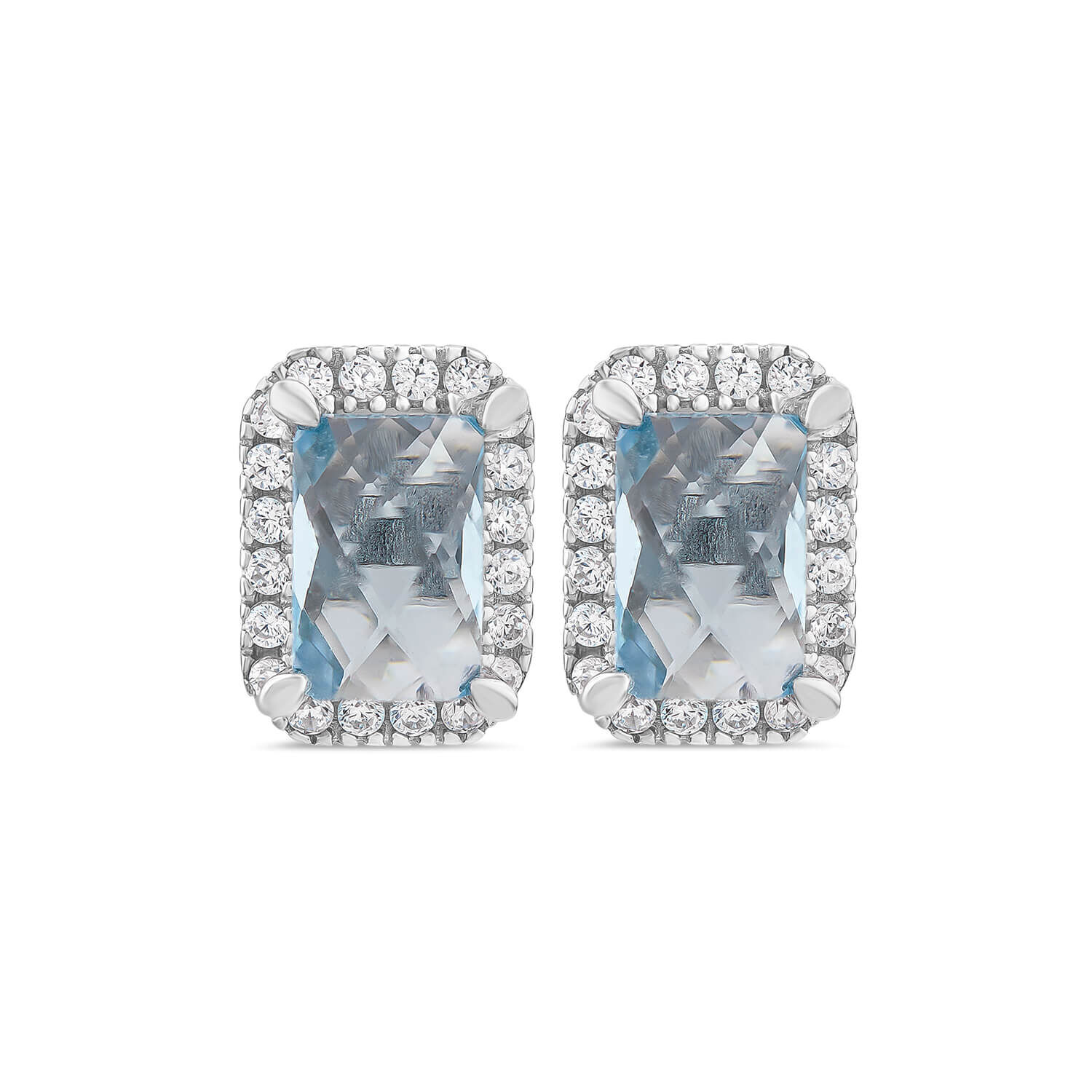 9ct White Gold Rectangular Blue Topaz Cubic Zirconia Frame Stud Earrings
