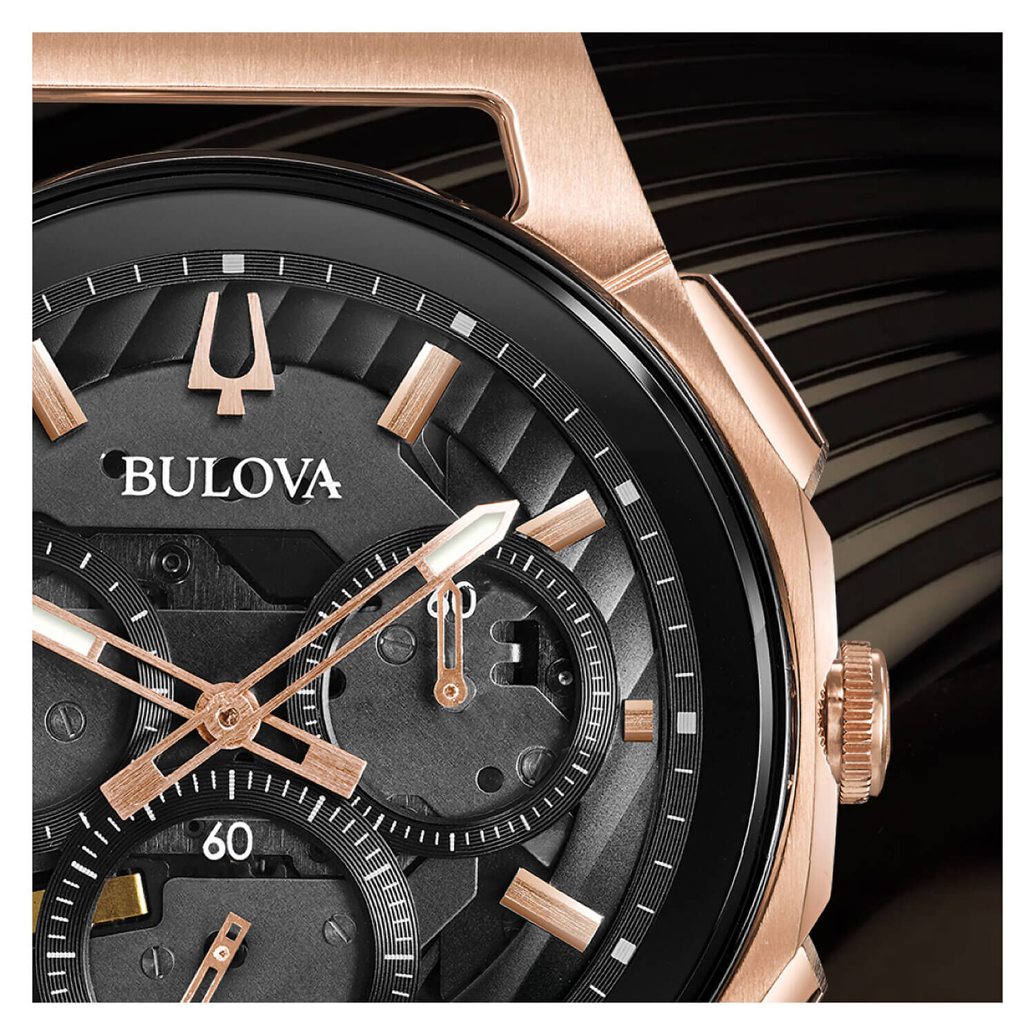 Bulova Curv 44mm Rose Gold Pvd Black Rubber Strap Watch