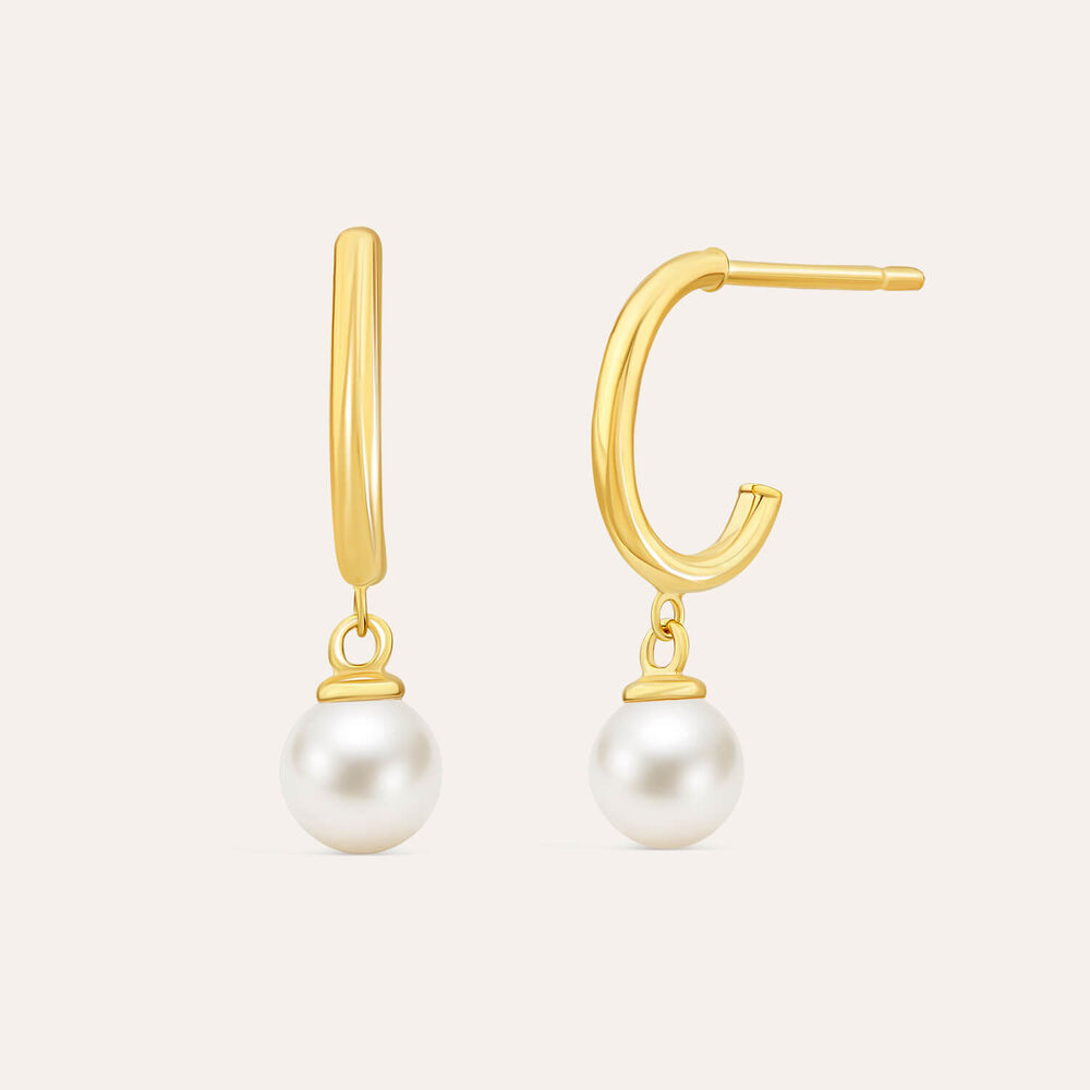 9ct Yellow Gold Hoop Pearl Drop Earrings
