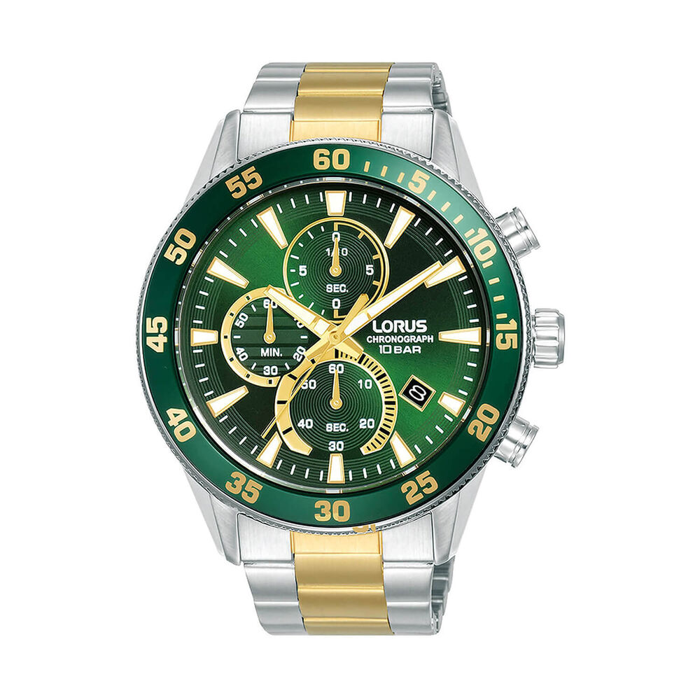 Lorus Quartz Chronograph 45mm Green Dial Two-Tone Steel Bracelet Watch