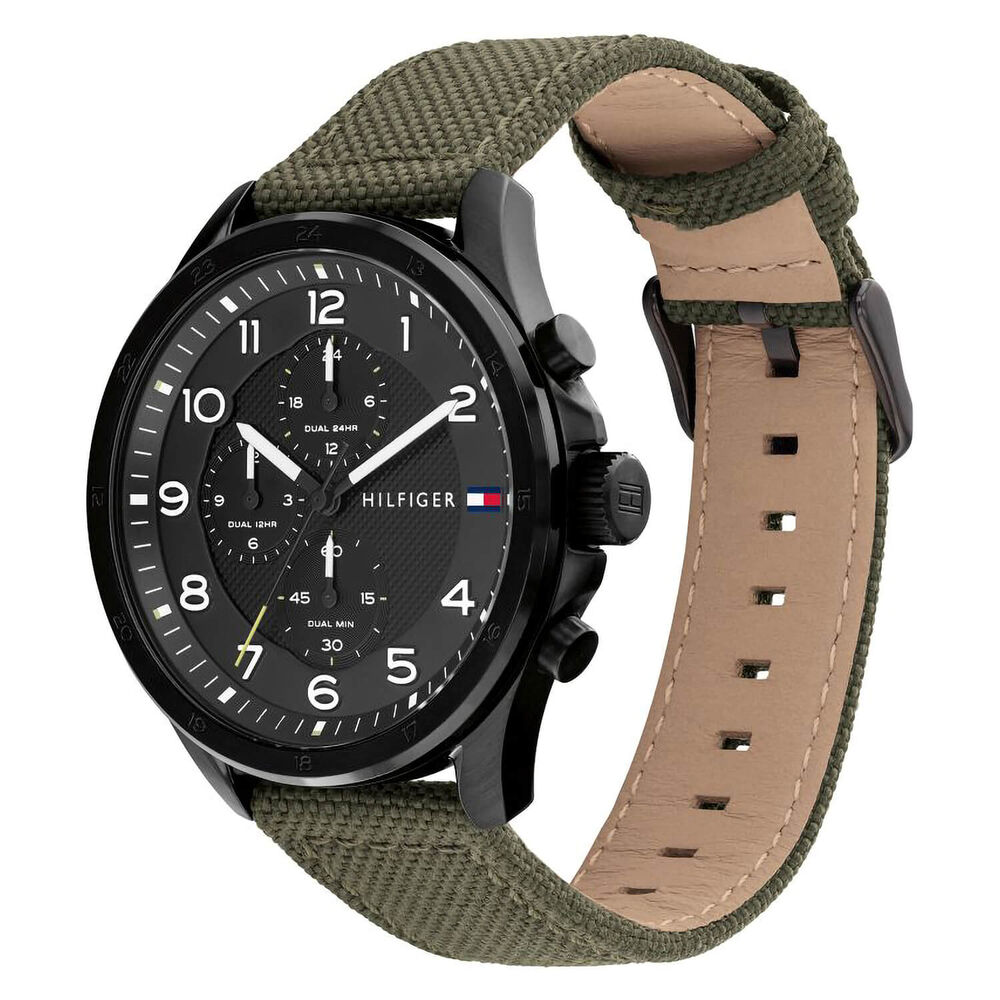 Tommy Hilfiger 44mm Black Dial Green Fabric Strap Watch