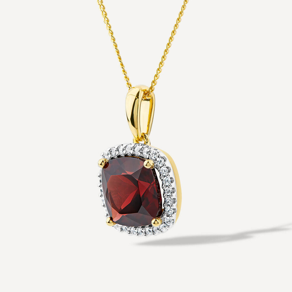 9ct Yellow Gold Cushion Garnet & 0.15ct Diamond Pendant