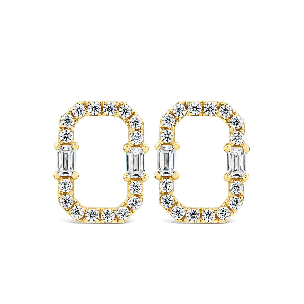 9ct Yellow Gold Open Rectangular Baguette & Round Cubic Zirconia Stud Earrings image number 0