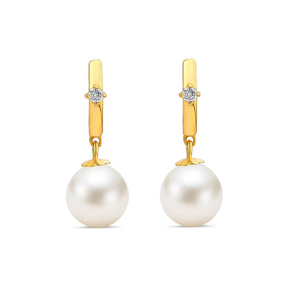 Yellow Gold Plated Sterling Silver Hoop Cubic Zirconia & Pearl Drop Earrings