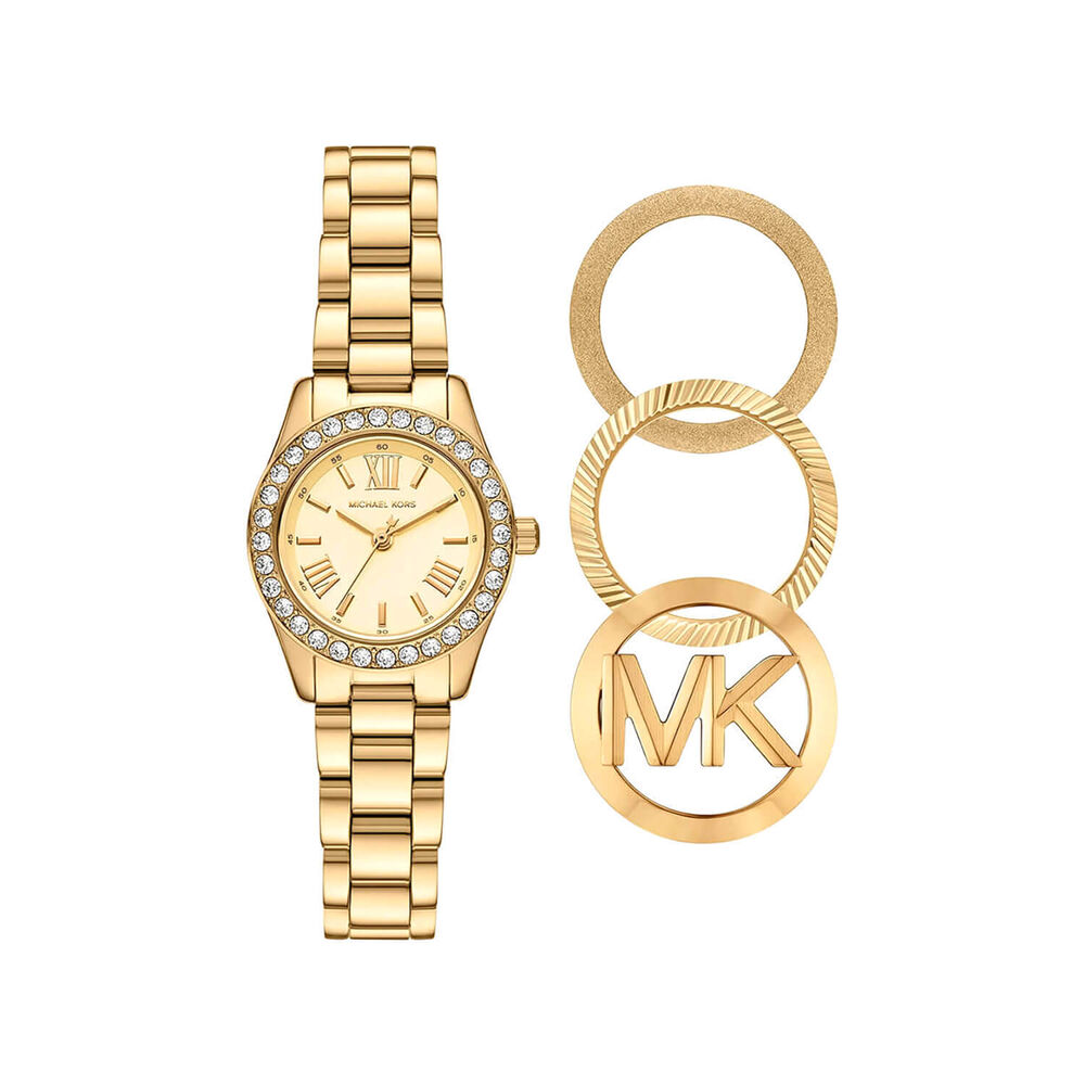 Michael Kors Lexington 26mm Gold Tone Dial Gold Tone Steel Bracelet Watch & Top Rings Set