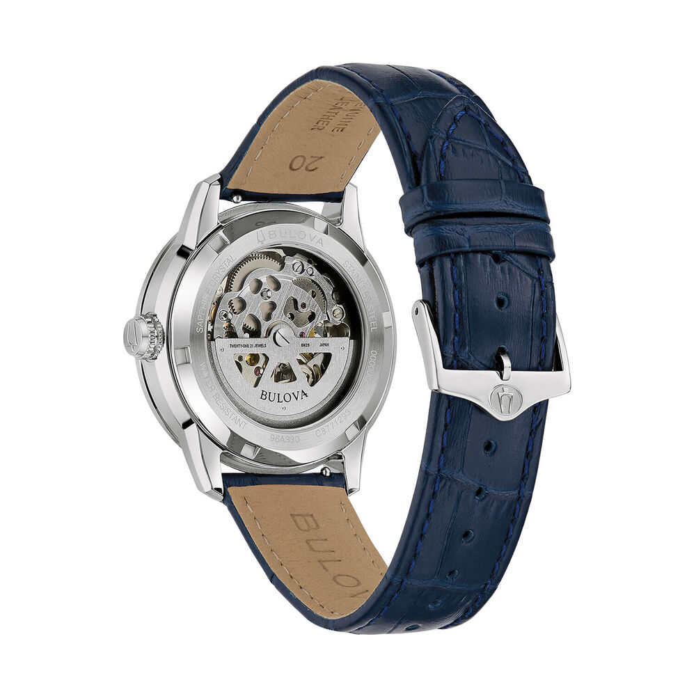 Bulova Sutton 40mm Silver Skeleton Dial Blue Leather Strap Watch