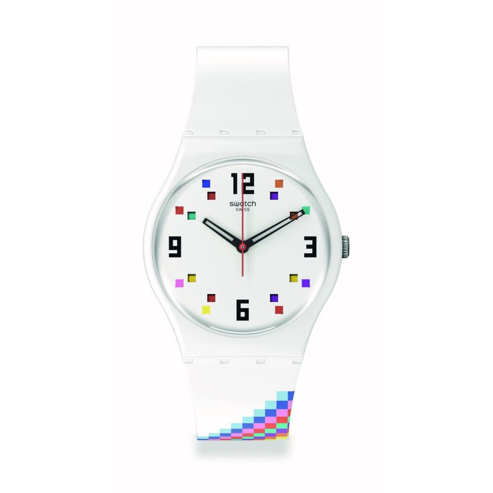 Swatch Merry-Go-Round Squares 34mm White Dial White Strap Watch image number 0