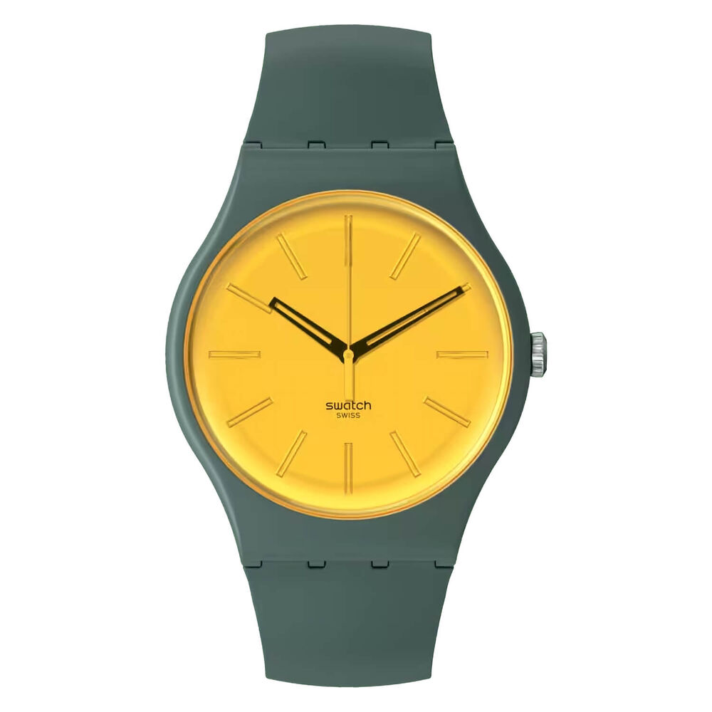 Swatch Gold in The Garden 41mm Yellow Dial Green Strap Watch image number 0