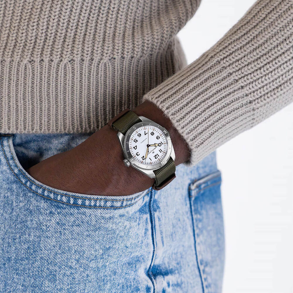 Hamilton Khaki Field Expedition Auto 41mm White Dial Steel Case Green Strap Watch image number 5