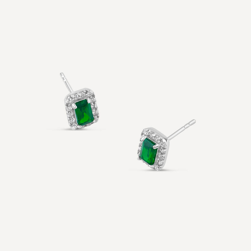 9ct White Gold Rectangular Created Emerald & Cubic Zirconia Frame Stud Earring image number 1
