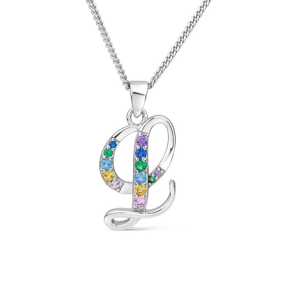 Sterling Silver Coloured Stone Set Initial "L" Pendant - Chain Included image number 0