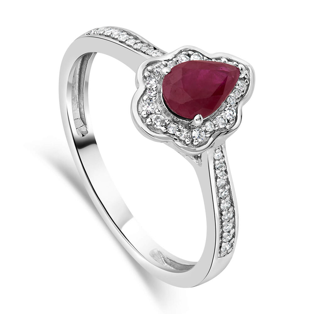 9ct White Gold Pear Ruby Fancy Diamond Halo Diamond Shoulders 0.09ct Ring