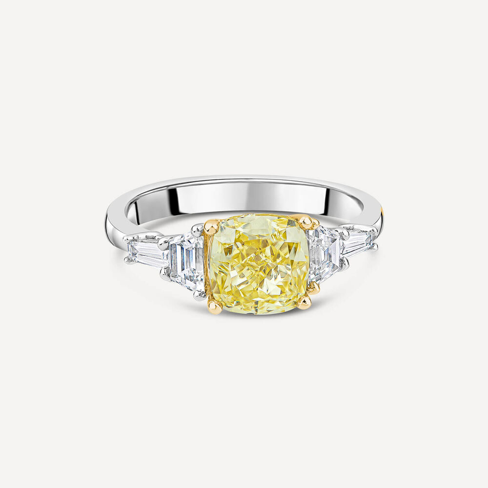 Born Platinum & 18ct YG 2.6ct Yellow Cushion Centre Tapered Shaped Lab Grown Diamond Sides Ring image number 2