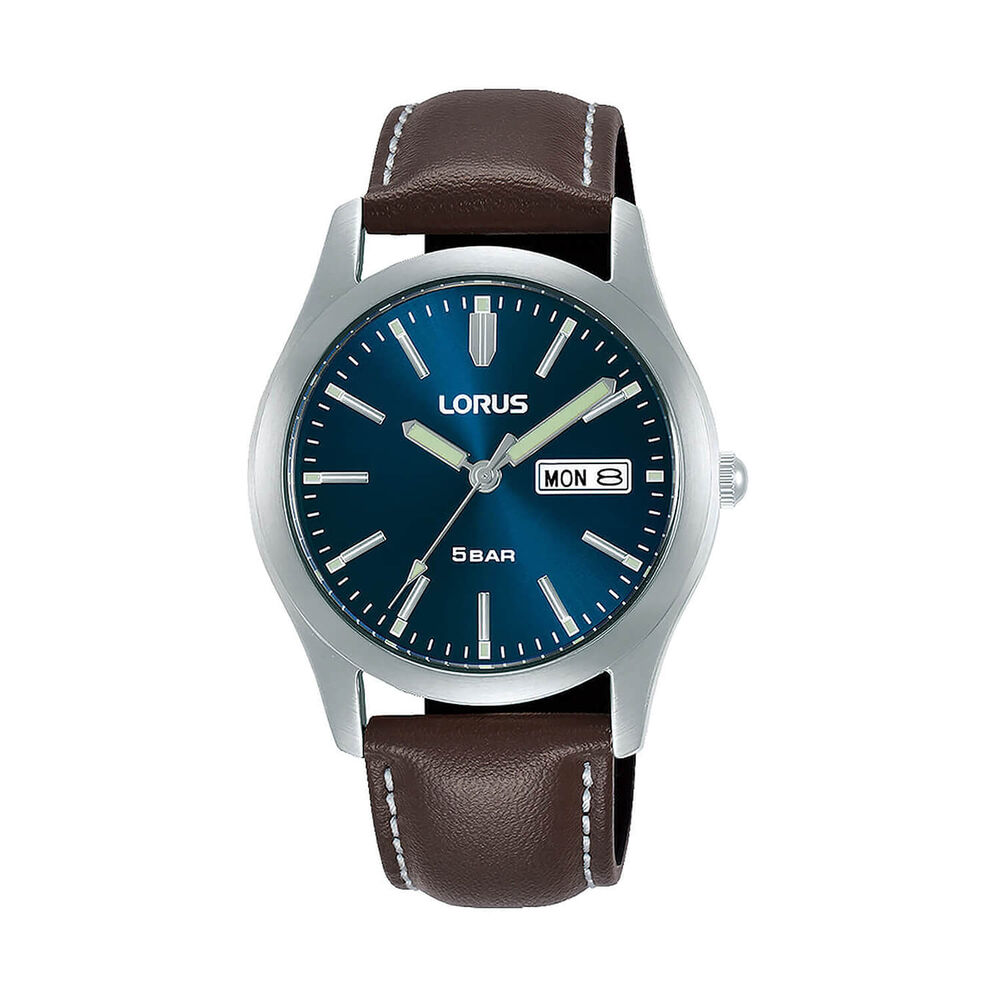 Lorus Quartz Gents 38mm Blue Dial Steel Case Brown Leather Strap Watch